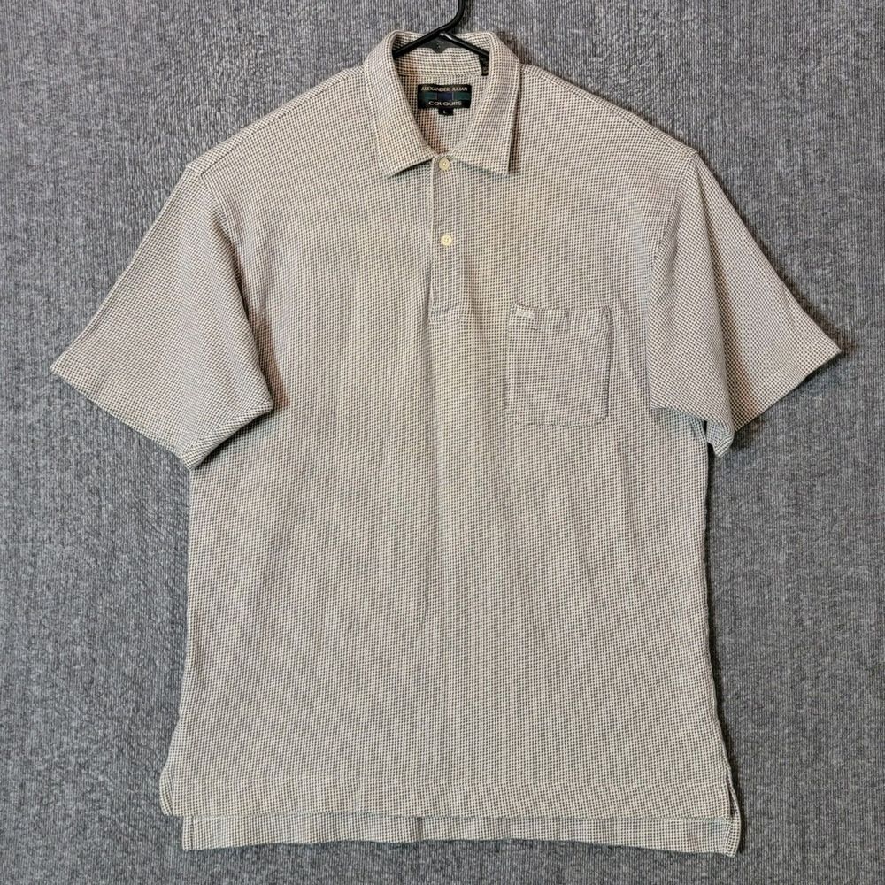 Alexander Julian Colours Polo Shirt Mens L Tan & Blue Houndstooth Short Sleeve